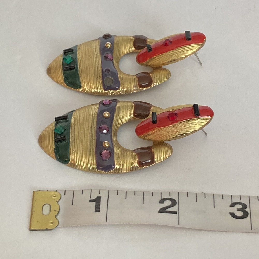 Vintage 80s Gold Tone Colorful Door Knocker Earrings Green Red Purple Rhinestone - Picture 6 of 6